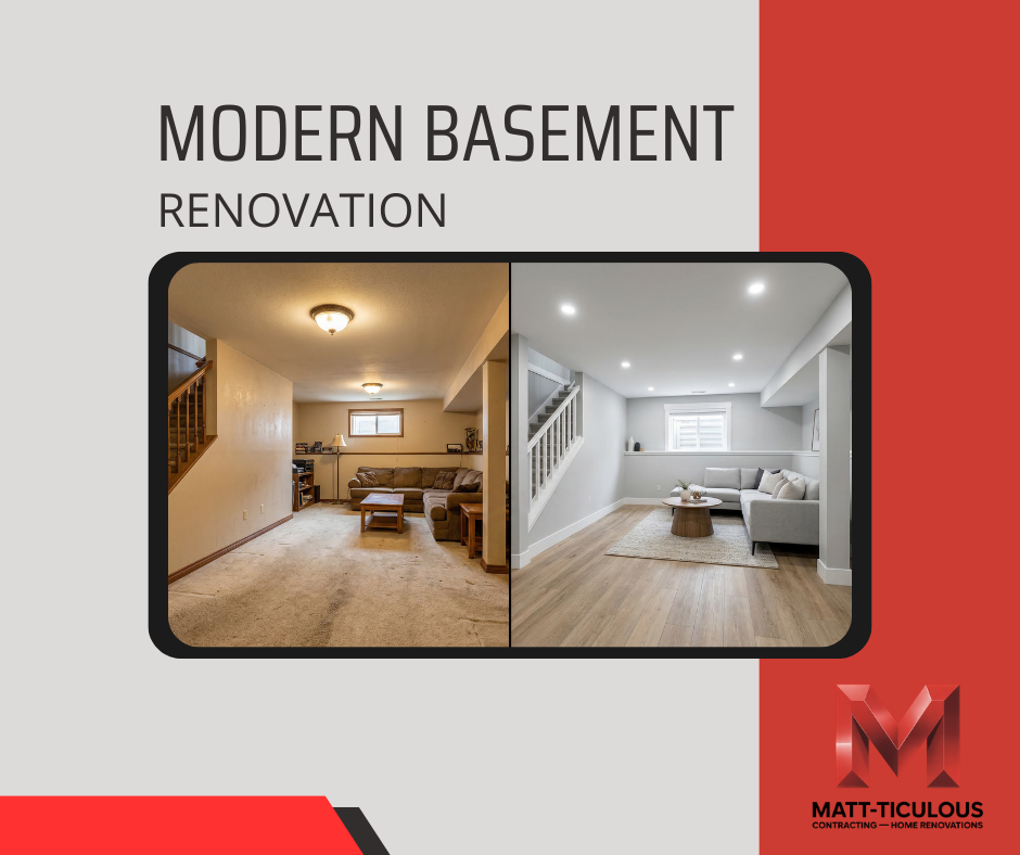 Modern basement renovation before and after by Matt-Ticulous Renovations